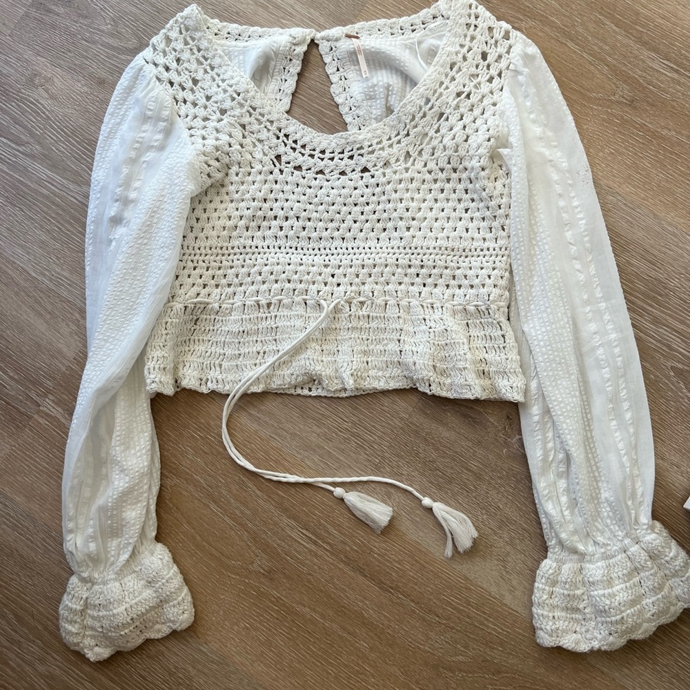 White Crochet Long Sleeve Top